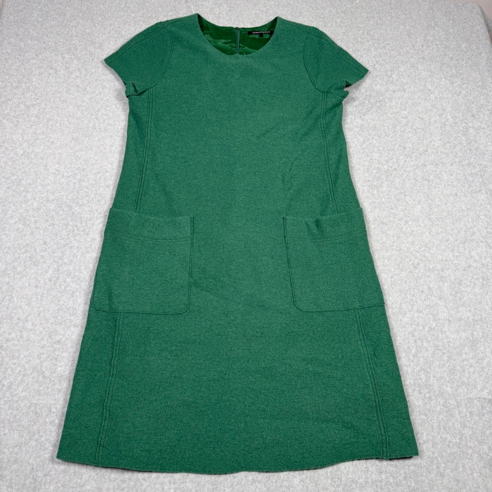 Luisa Cerano Green Virgin Wool Short Sleeve Mod Shift Dress with Pockets Size 10